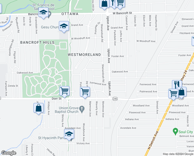 map of restaurants, bars, coffee shops, grocery stores, and more near 1954 Fernwood Avenue in Toledo