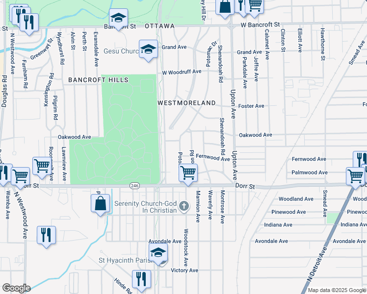 map of restaurants, bars, coffee shops, grocery stores, and more near 1503 Potomac Drive in Toledo