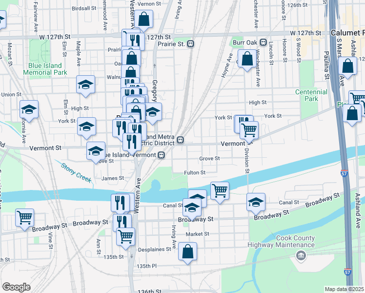 map of restaurants, bars, coffee shops, grocery stores, and more near 13117 Irving Avenue in Blue Island