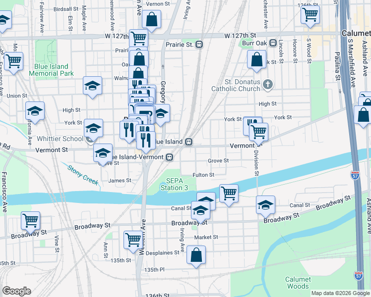 map of restaurants, bars, coffee shops, grocery stores, and more near 13117 Irving Avenue in Blue Island