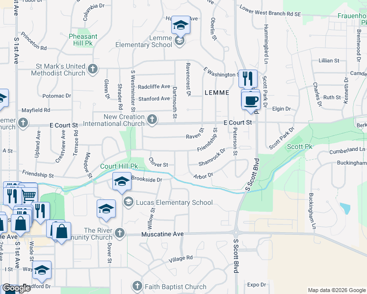 map of restaurants, bars, coffee shops, grocery stores, and more near 3101 Friendship Street in Iowa City