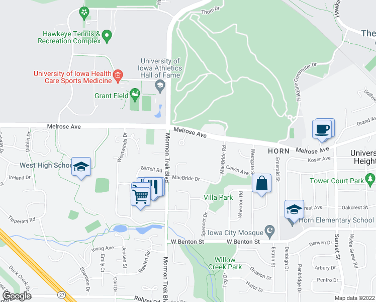map of restaurants, bars, coffee shops, grocery stores, and more near 2300 Jessup Circle in Iowa City