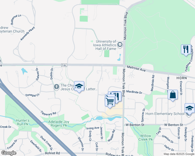 map of restaurants, bars, coffee shops, grocery stores, and more near 510 Westwinds Drive in Iowa City