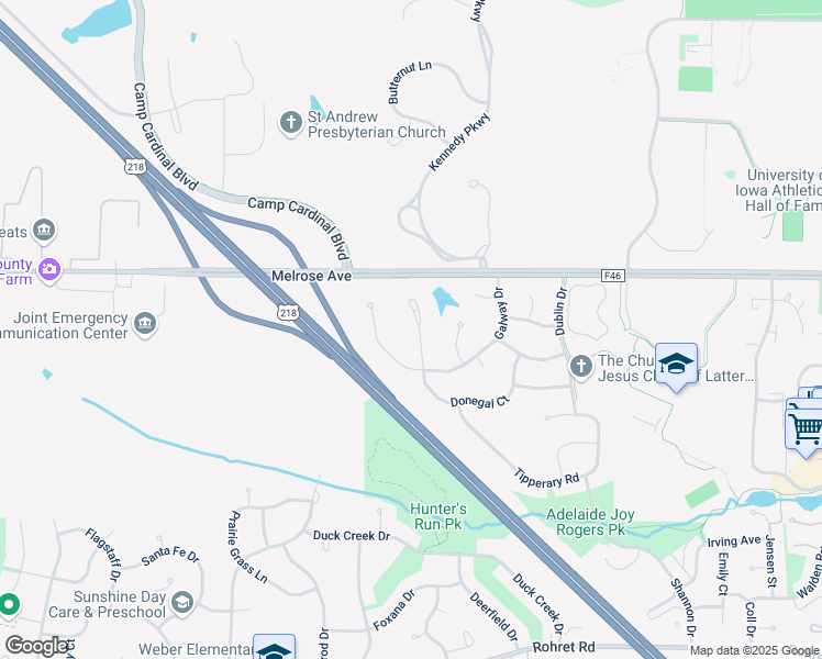 map of restaurants, bars, coffee shops, grocery stores, and more near 21 Donegal Place in Iowa City