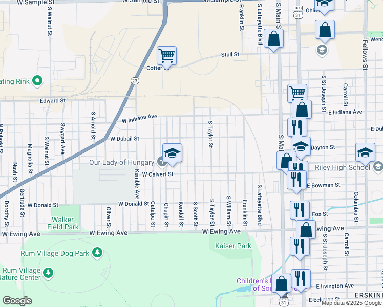 map of restaurants, bars, coffee shops, grocery stores, and more near 1809 South Scott Street in South Bend