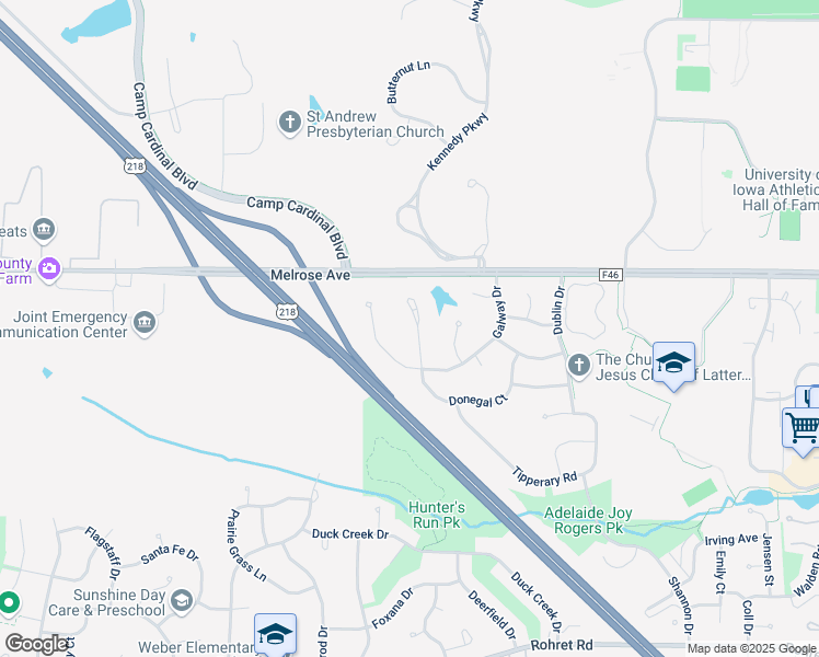 map of restaurants, bars, coffee shops, grocery stores, and more near 21 Donegal Place in Iowa City