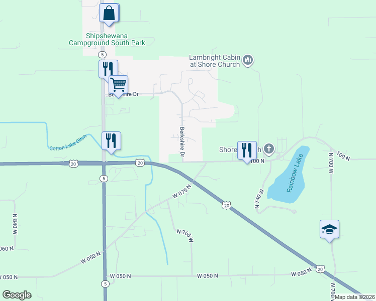 map of restaurants, bars, coffee shops, grocery stores, and more near 1600 Berkshire Drive in Shipshewana