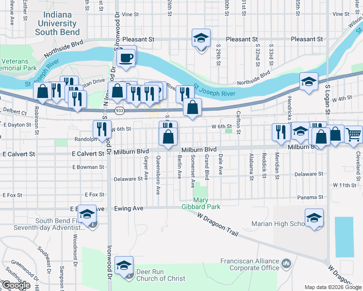 map of restaurants, bars, coffee shops, grocery stores, and more near 700-710 Berlin Ave in Mishawaka