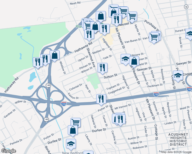 map of restaurants, bars, coffee shops, grocery stores, and more near 799 Shawmut Avenue in New Bedford