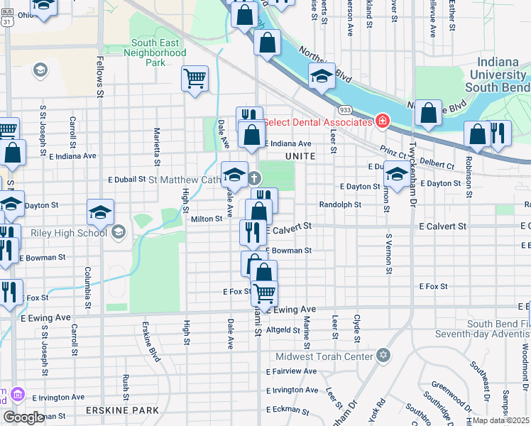 map of restaurants, bars, coffee shops, grocery stores, and more near 1121 Milton Street in South Bend