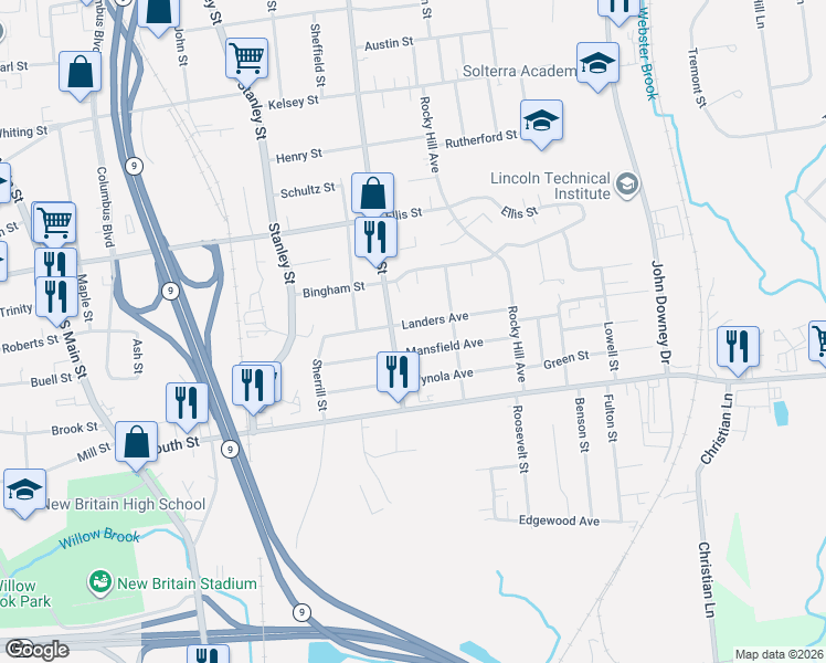map of restaurants, bars, coffee shops, grocery stores, and more near 63 East Street in New Britain