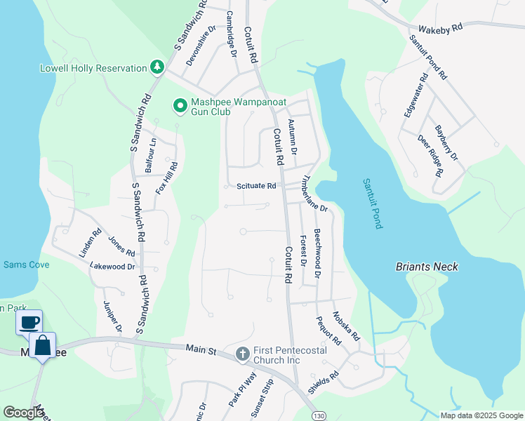 map of restaurants, bars, coffee shops, grocery stores, and more near 25 Leeward Lane in Mashpee