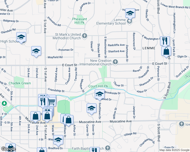 map of restaurants, bars, coffee shops, grocery stores, and more near 2806 Friendship St in Iowa City