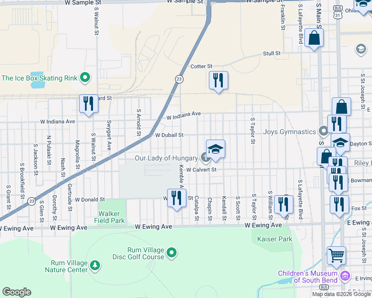 map of restaurants, bars, coffee shops, grocery stores, and more near 1814 Kemble Avenue in South Bend
