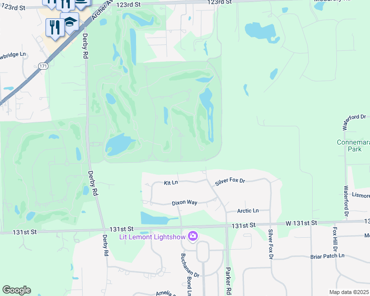 map of restaurants, bars, coffee shops, grocery stores, and more near 111 Ruffled Feathers Drive in Lemont