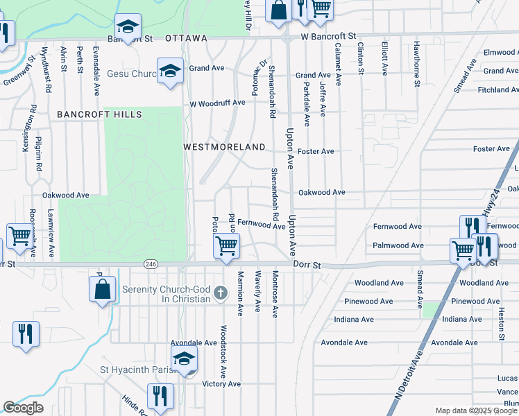 map of restaurants, bars, coffee shops, grocery stores, and more near 1947 Sussex Place in Toledo