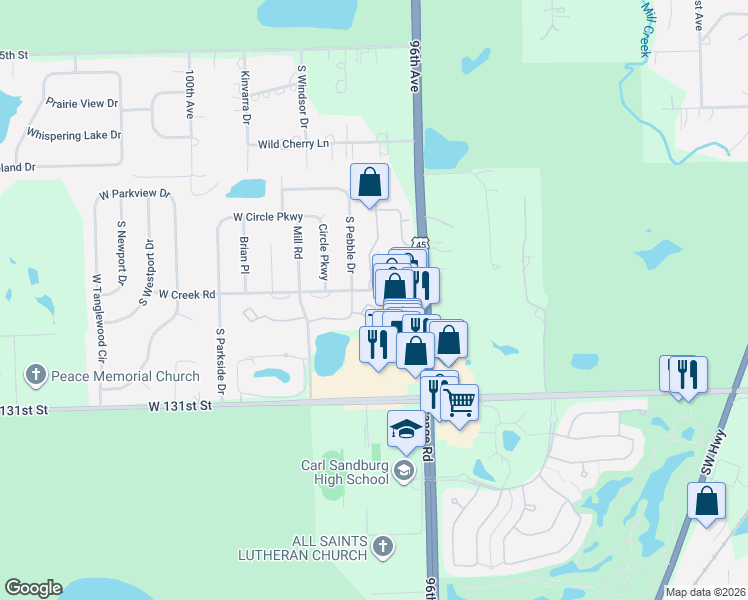 map of restaurants, bars, coffee shops, grocery stores, and more near 9724 West Creek Road in Palos Park