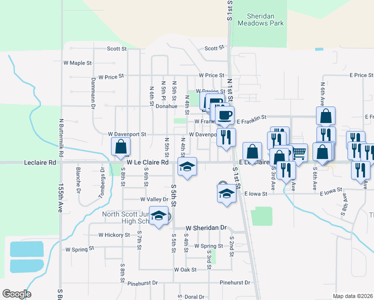 map of restaurants, bars, coffee shops, grocery stores, and more near 310 West Le Claire Road in Eldridge