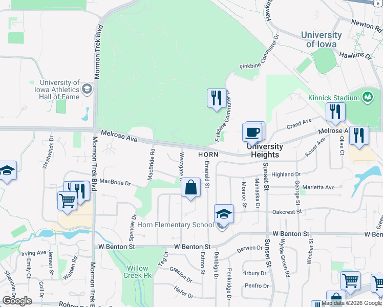 map of restaurants, bars, coffee shops, grocery stores, and more near 374 Westgate Street in Iowa City