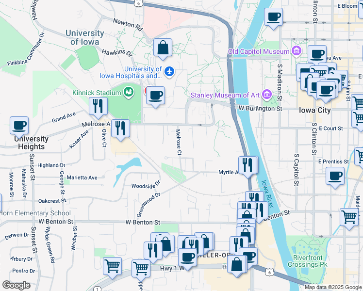 map of restaurants, bars, coffee shops, grocery stores, and more near 304 Melrose Court in Iowa City