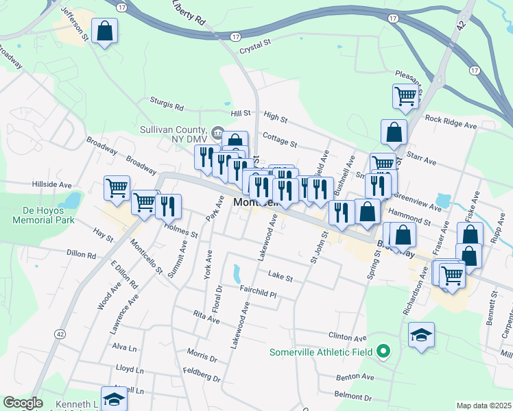 map of restaurants, bars, coffee shops, grocery stores, and more near 481 Broadway in Monticello