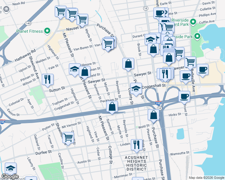 map of restaurants, bars, coffee shops, grocery stores, and more near 525 Coggeshall Street in New Bedford
