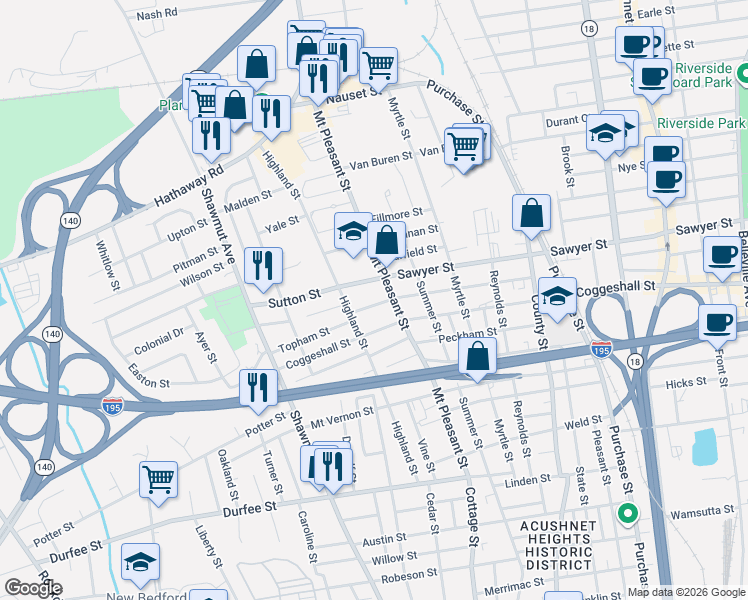 map of restaurants, bars, coffee shops, grocery stores, and more near 158 Adams Street in New Bedford