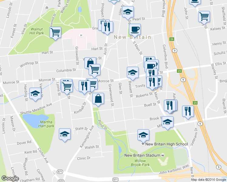 map of restaurants, bars, coffee shops, grocery stores, and more near 90 Greenwood Street in New Britain