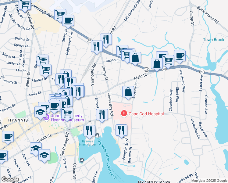 map of restaurants, bars, coffee shops, grocery stores, and more near 105 Park Street in Barnstable