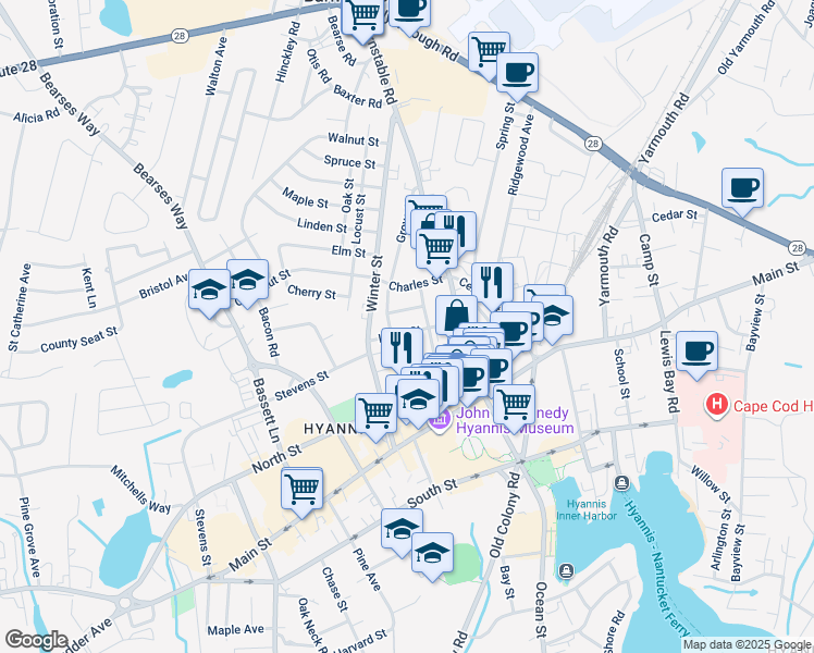 map of restaurants, bars, coffee shops, grocery stores, and more near 46 North Street in Barnstable