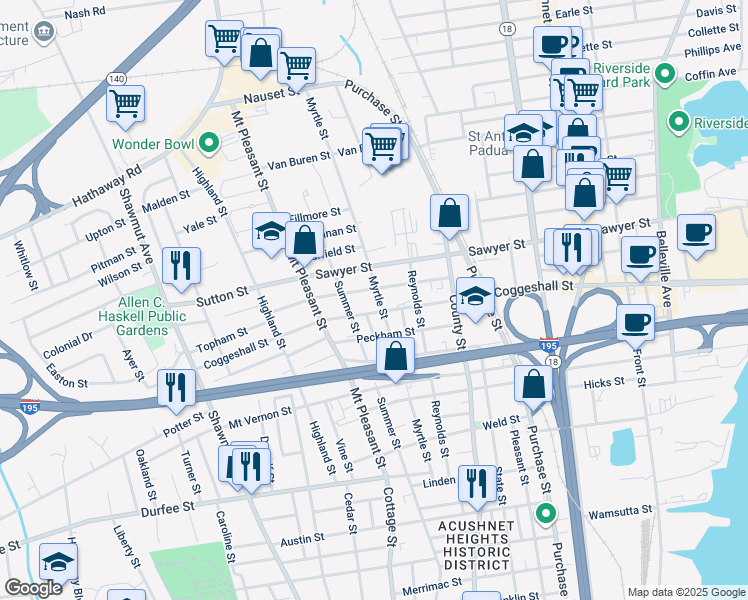 map of restaurants, bars, coffee shops, grocery stores, and more near 568 Coggeshall Street in New Bedford