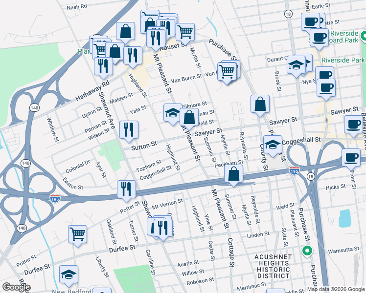 map of restaurants, bars, coffee shops, grocery stores, and more near 158 Adams Street in New Bedford
