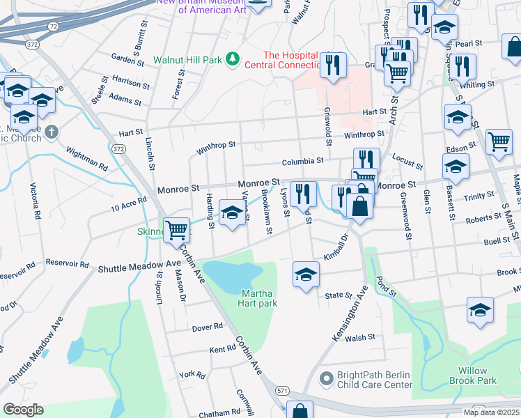 map of restaurants, bars, coffee shops, grocery stores, and more near 162 Vance Street in New Britain