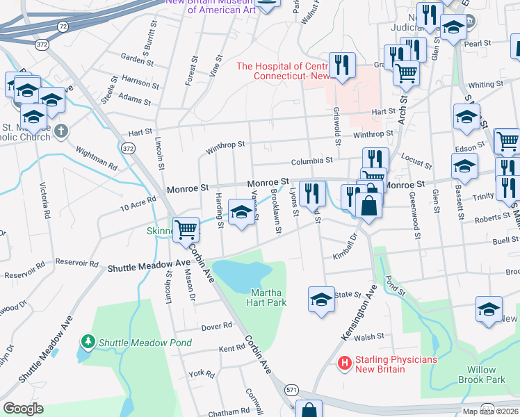 map of restaurants, bars, coffee shops, grocery stores, and more near 162 Vance Street in New Britain