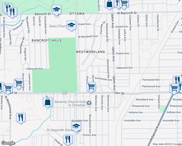 map of restaurants, bars, coffee shops, grocery stores, and more near 1504 Addington Road in Toledo