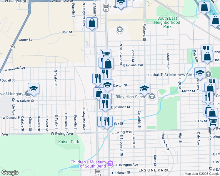map of restaurants, bars, coffee shops, grocery stores, and more near 1817 South Michigan Street in South Bend