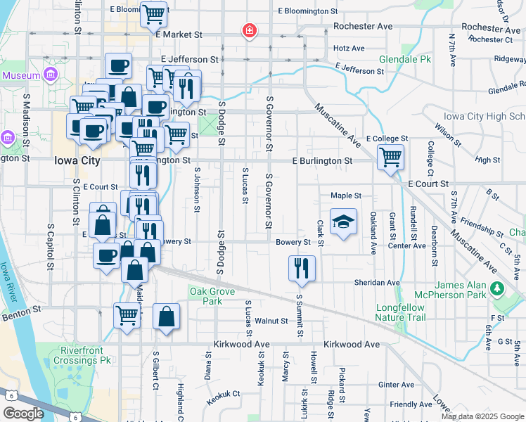 map of restaurants, bars, coffee shops, grocery stores, and more near 518 South Lucas Street in Iowa City