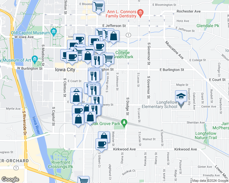 map of restaurants, bars, coffee shops, grocery stores, and more near 510 South Johnson Street in Iowa City
