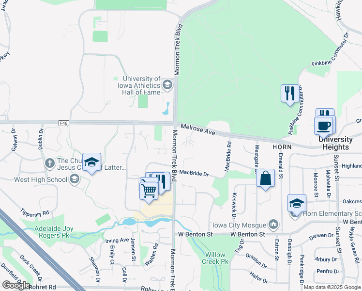 map of restaurants, bars, coffee shops, grocery stores, and more near 2330 Jessup Circle in Iowa City