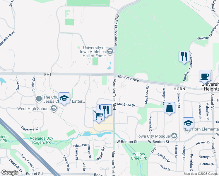 map of restaurants, bars, coffee shops, grocery stores, and more near 2427 Petsel Place in Iowa City