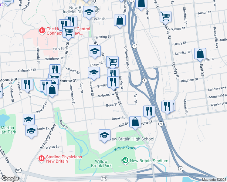 map of restaurants, bars, coffee shops, grocery stores, and more near 337 South Main Street in New Britain