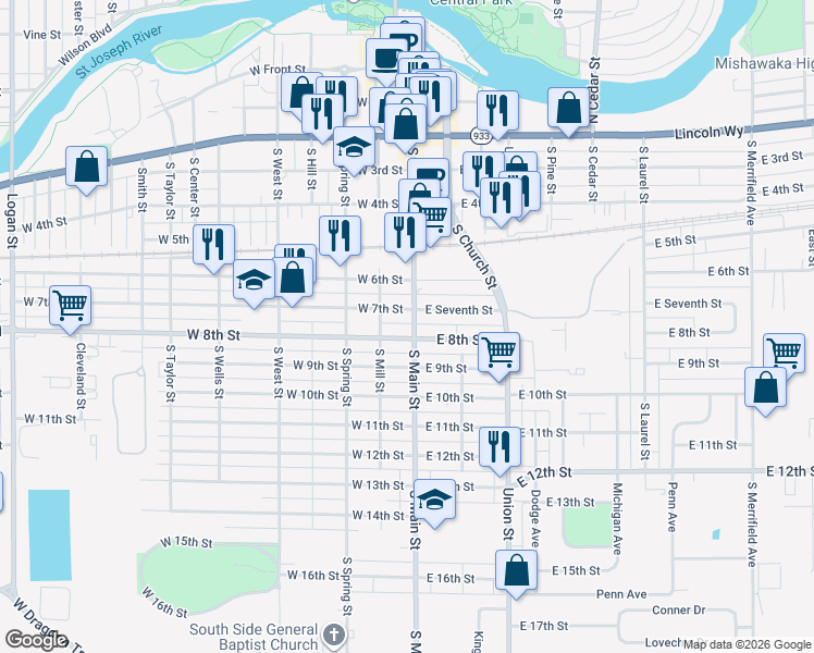 map of restaurants, bars, coffee shops, grocery stores, and more near 611 South Main Street in Mishawaka