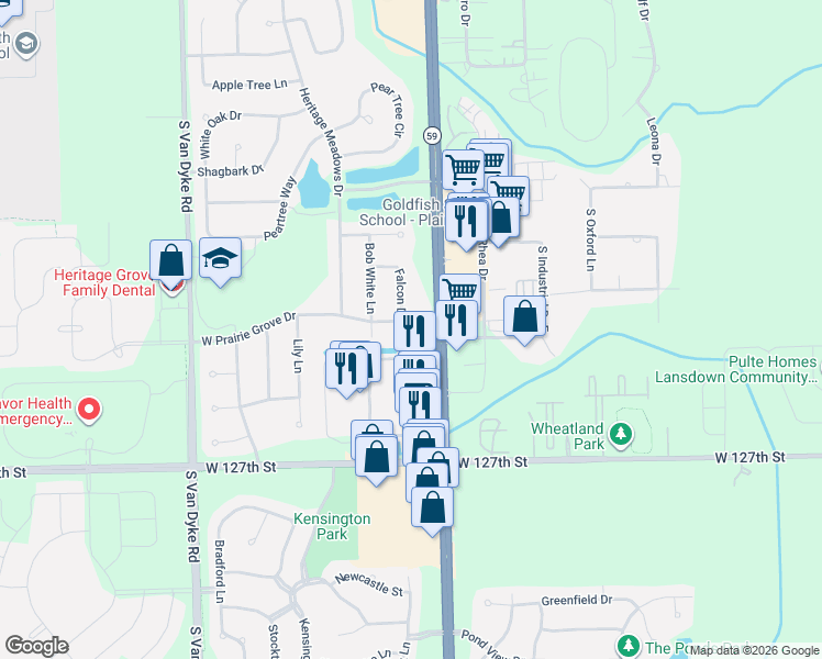 map of restaurants, bars, coffee shops, grocery stores, and more near 12612 Illinois Route 59 in Plainfield