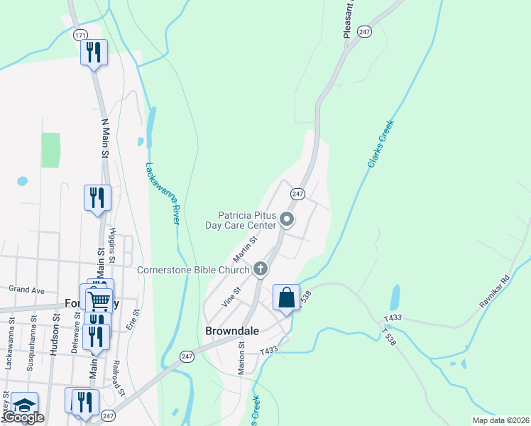 map of restaurants, bars, coffee shops, grocery stores, and more near 307-407 Martin St in Forest City