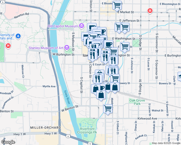 map of restaurants, bars, coffee shops, grocery stores, and more near 500 South Clinton Street in Iowa City