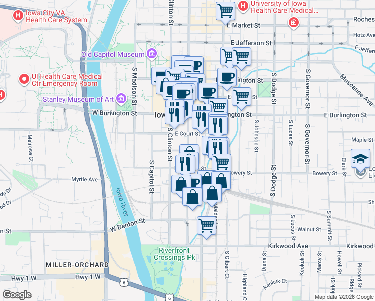 map of restaurants, bars, coffee shops, grocery stores, and more near S Dubuque St & E Harrison St in Iowa City