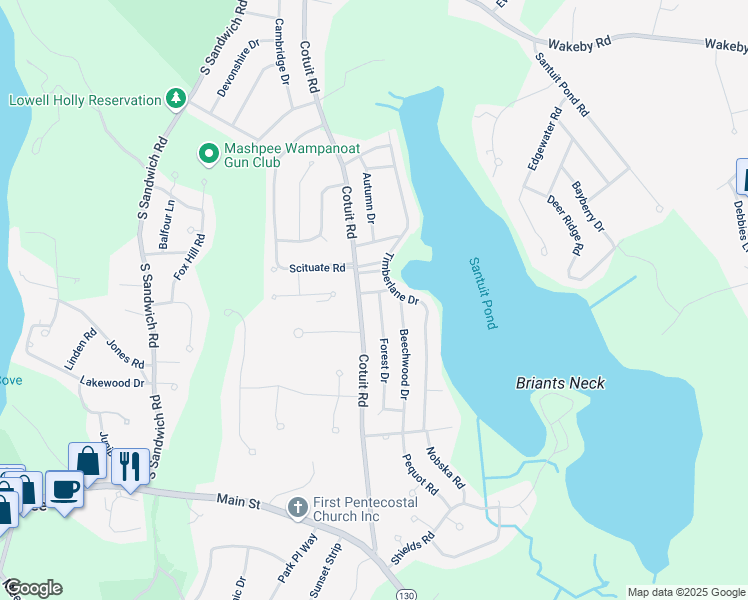 map of restaurants, bars, coffee shops, grocery stores, and more near 66 Forest Drive in Mashpee