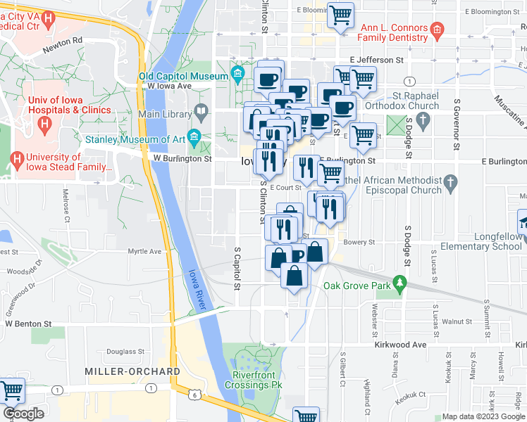 map of restaurants, bars, coffee shops, grocery stores, and more near South Clinton Street in Iowa City