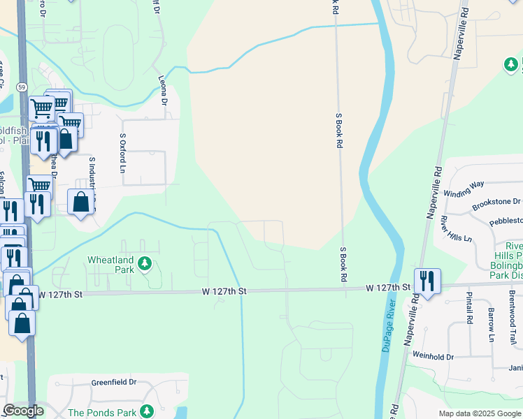 map of restaurants, bars, coffee shops, grocery stores, and more near 12264 Book Road in Plainfield
