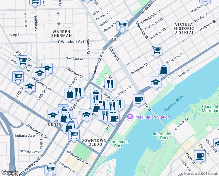 map of restaurants, bars, coffee shops, grocery stores, and more near 640 Jackson Street in Toledo